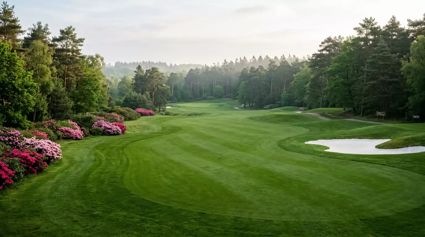 Manikürter Fairway im Augusta-Stil mit blühenden Azaleen im Frühling