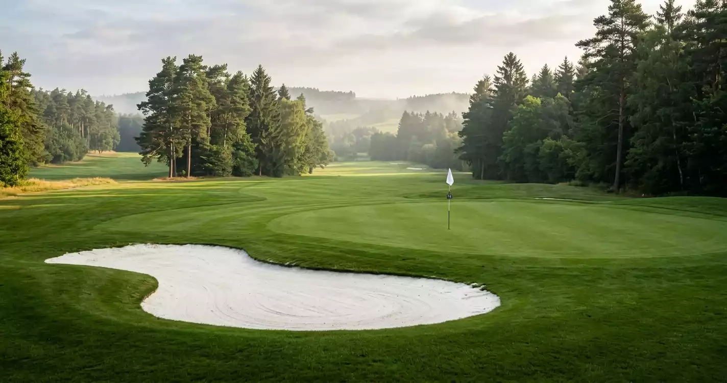 Tour-Golfplatz im Major-Stil mit makellosem Grün und Flagge