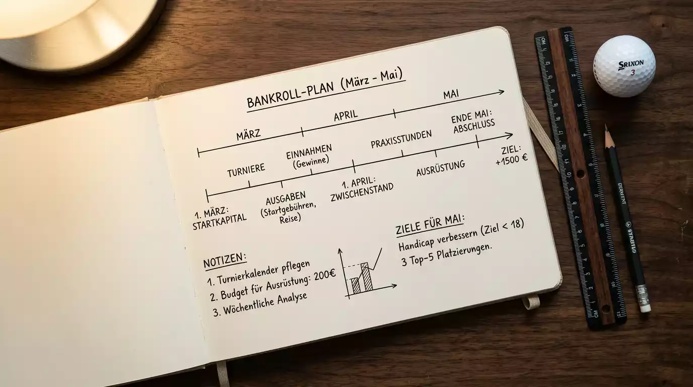 Aufgeschlagenes Notizbuch mit Bankroll-Plan und Strategie-Skizze auf Holztisch