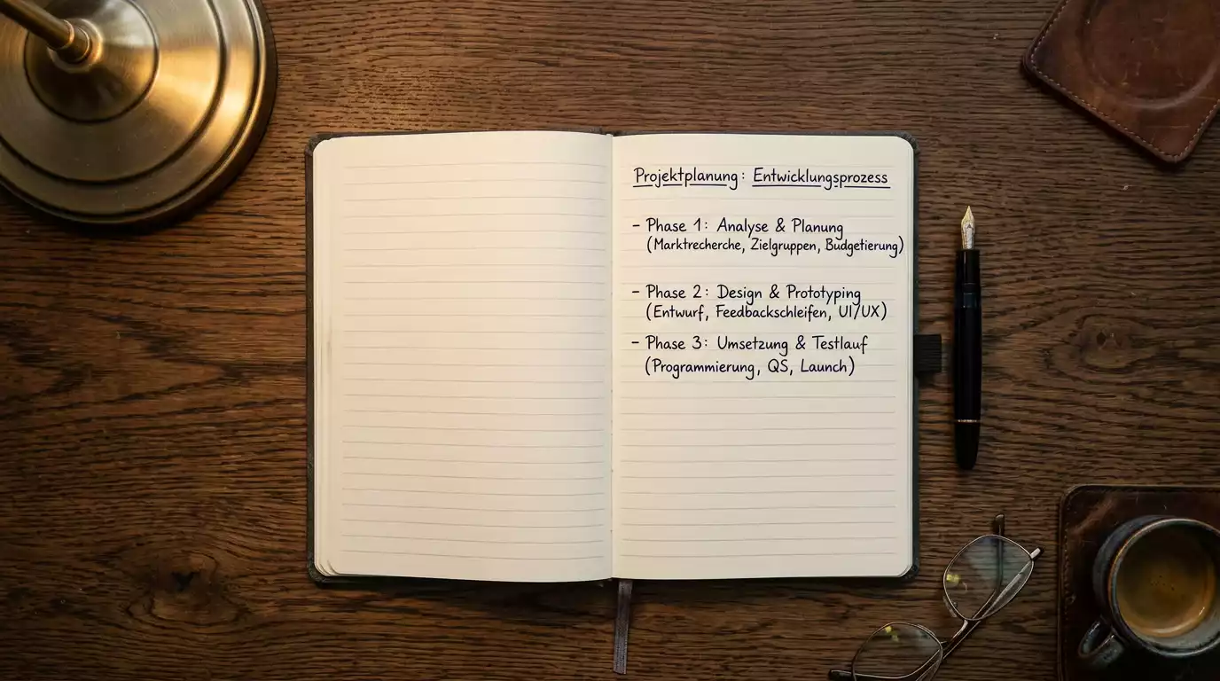 Notizbuch mit handschriftlichen Bonusbedingungen und drei markierten Phasen