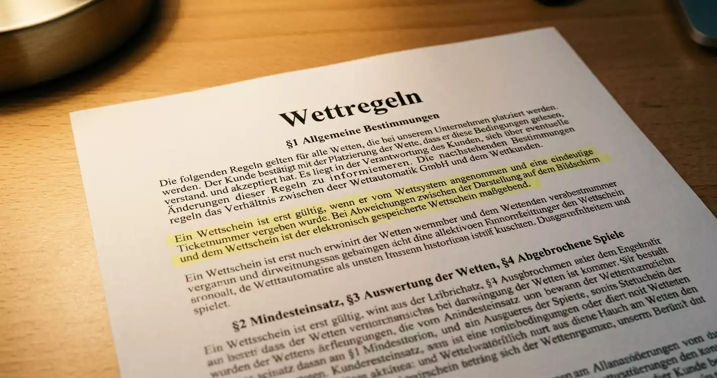 Dokument mit Wettregeln und einem markierten Absatz zur WD