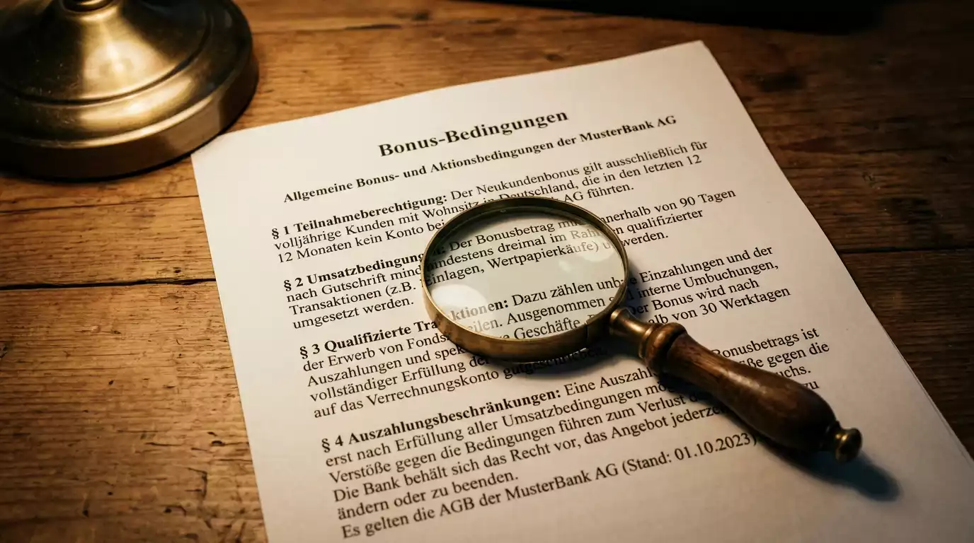 Vergrößertes Dokument mit Cashback-Bedingungen und Lupe