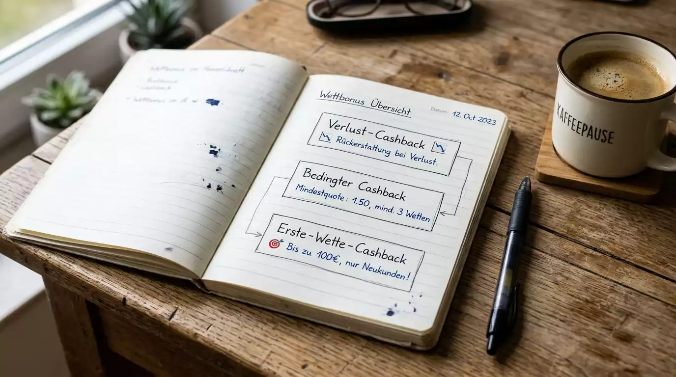 Notizbuch mit drei Cashback-Typen als handgezeichnetes Schema
