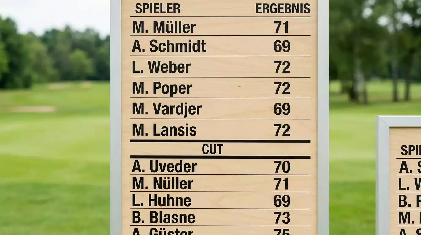 Leaderboard mit deutlich markierter Cut-Linie auf einem Turniergelände