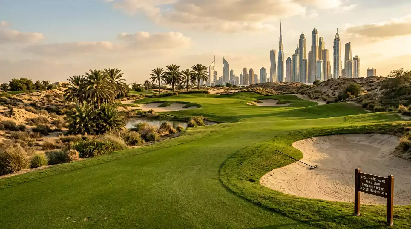 Dubai-Skyline hinter Wüsten-Golfplatz