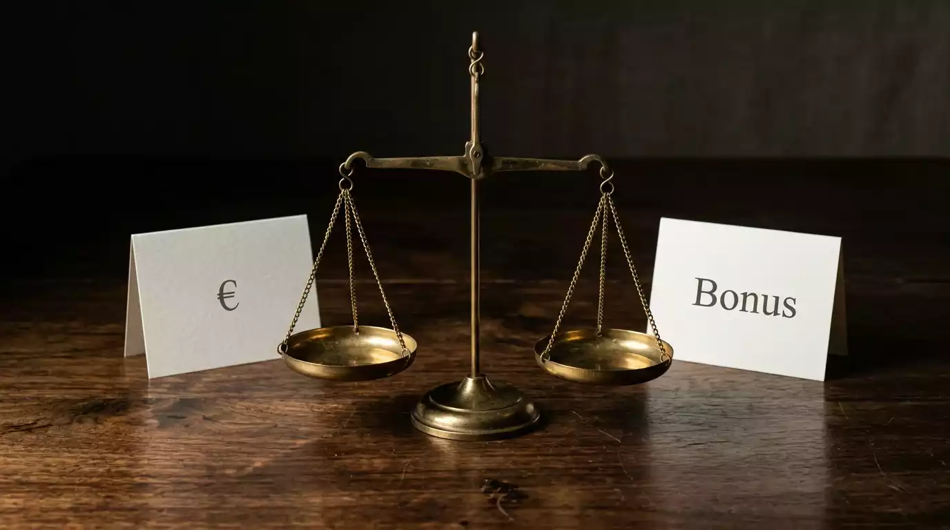 Symbolische Waage zwischen Echtgeld-Konzept und Bonusguthaben-Konzept