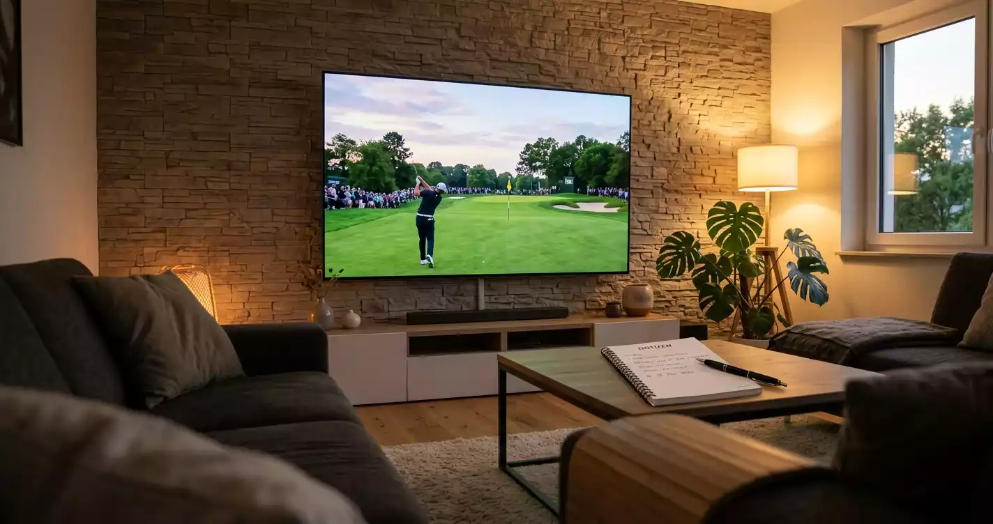 Fernseher im Wohnzimmer zeigt Live-Übertragung eines Golfturniers