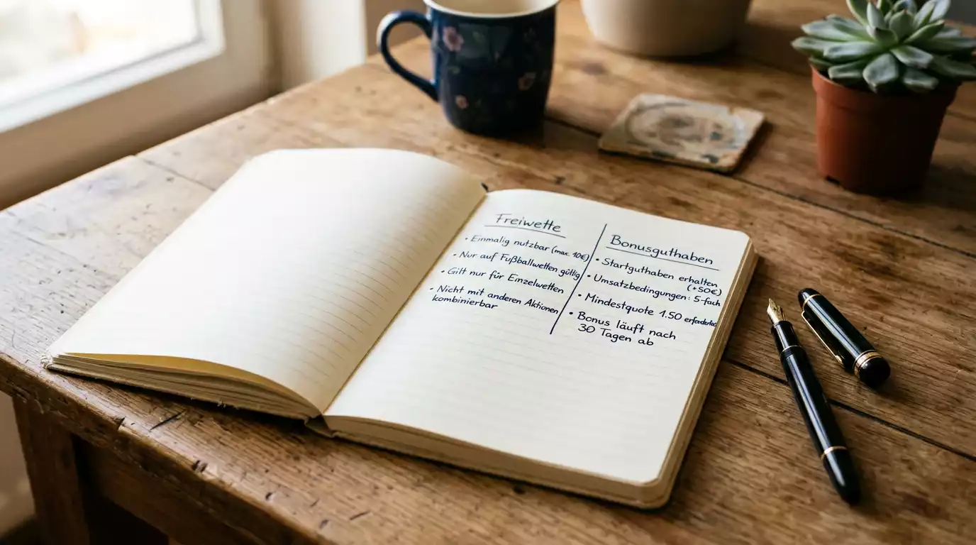 Notizbuch mit handschriftlichem Vergleich von Freiwette und Bonusguthaben