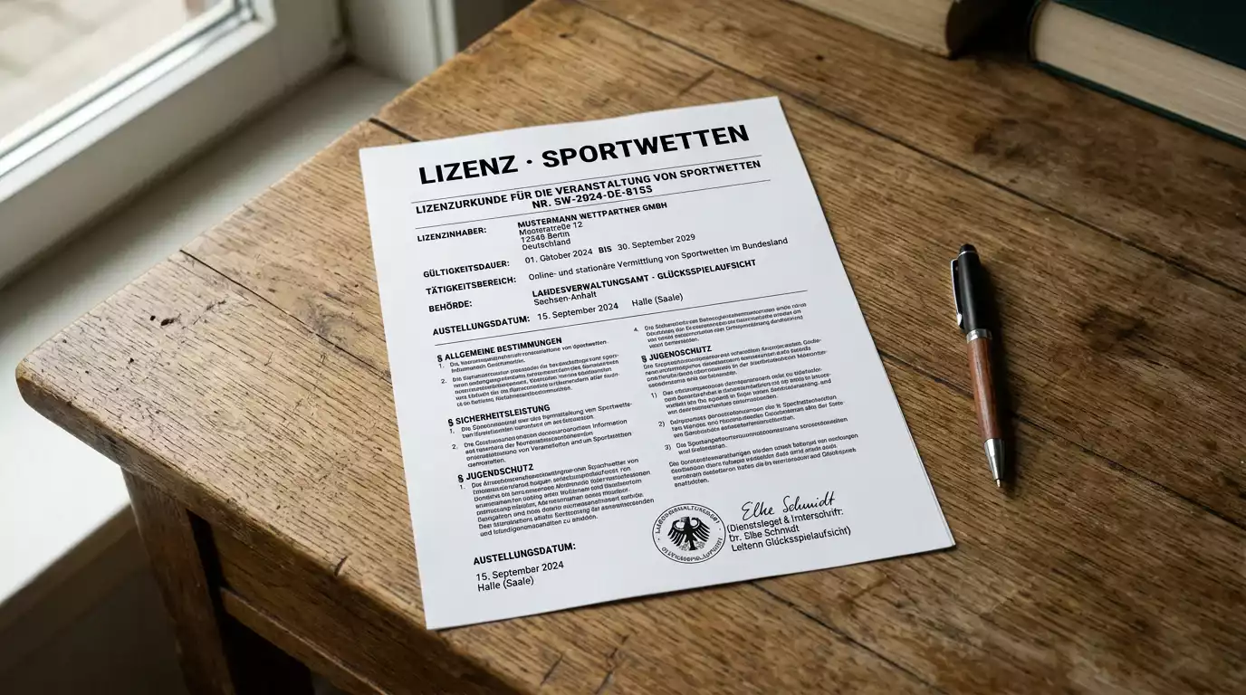 Lizenz-Dokument eines deutschen Sportwetten-Veranstalters auf dem Schreibtisch