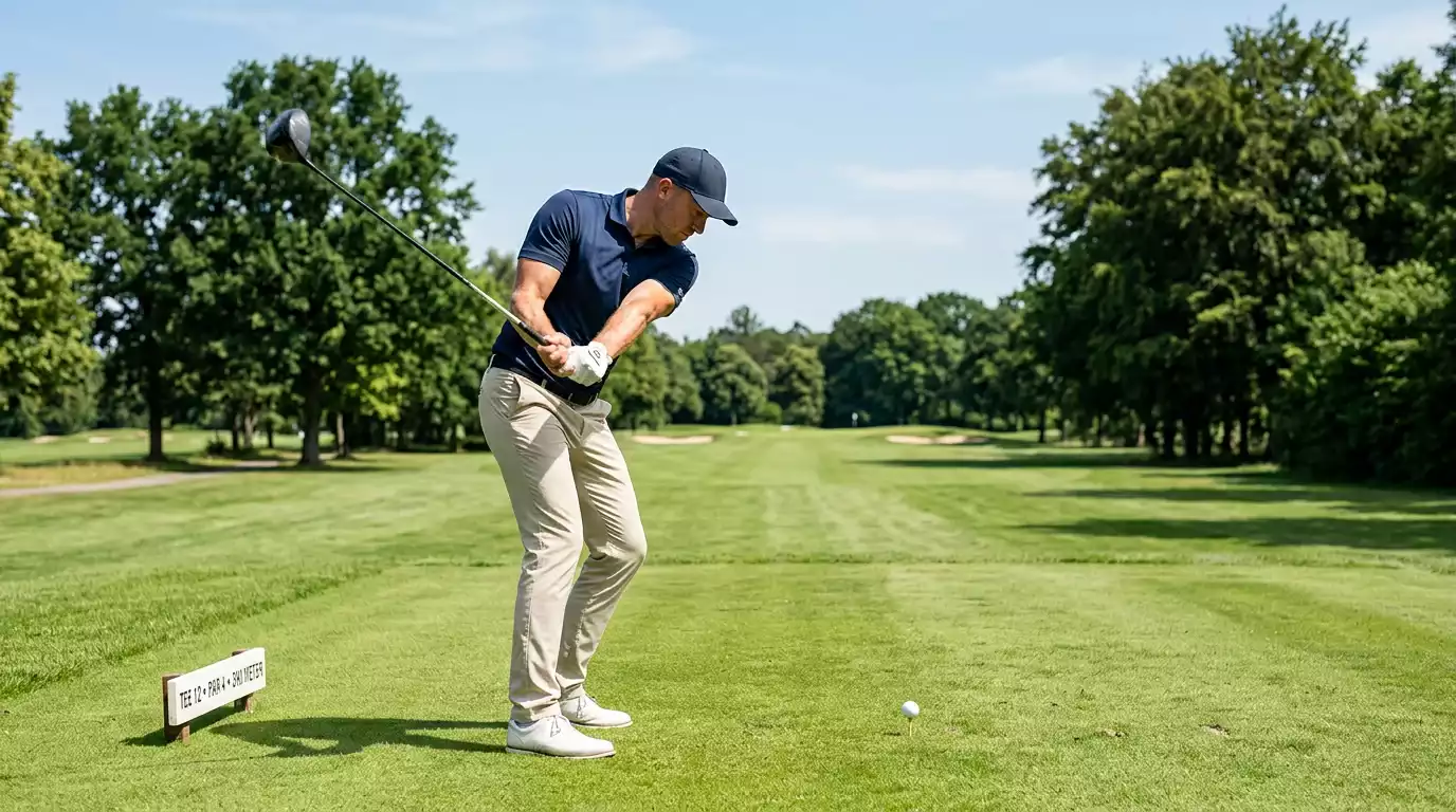 Profi-Golfspieler beim Abschlag auf einem Tour-Platz im Sonnenlicht