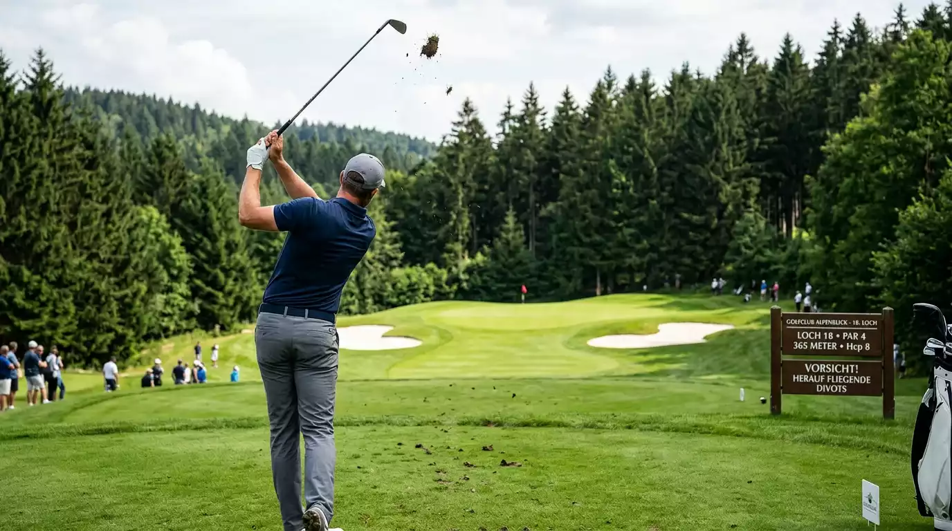 Profi-Golfer beim Annäherungsschlag auf erhöhtes Augusta-Grün