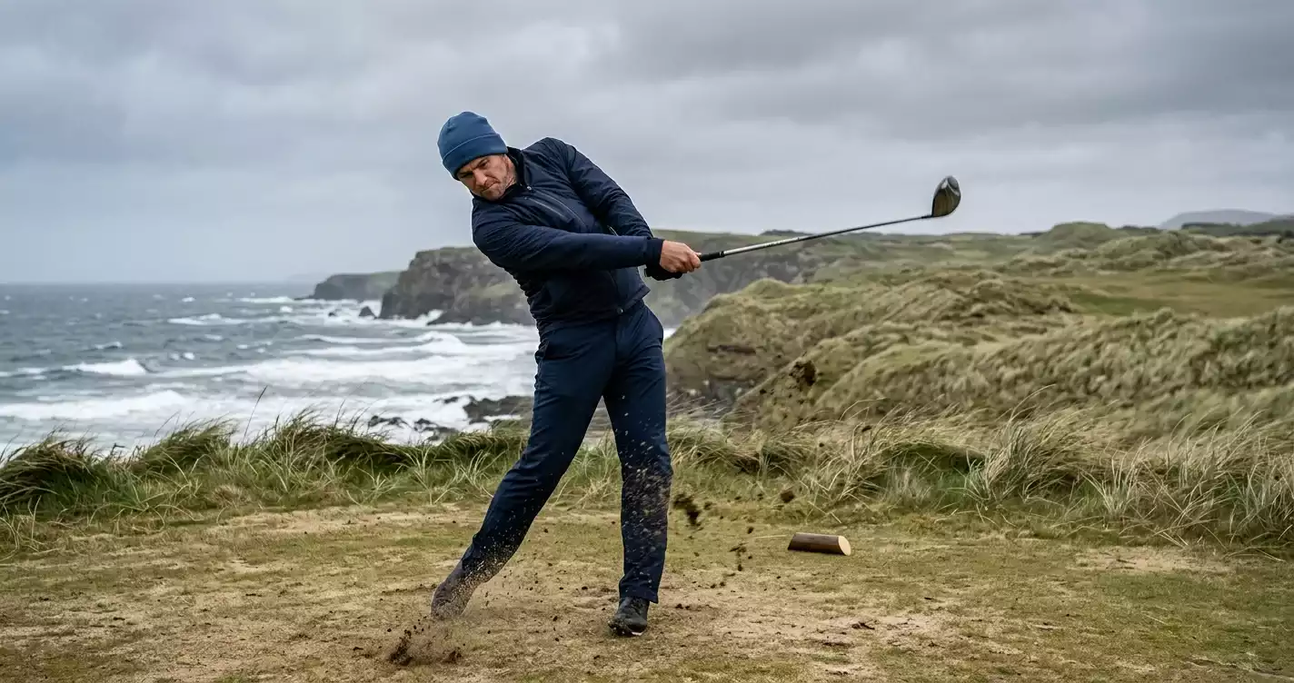 Golfer am Abschlag bei starkem Küstenwind