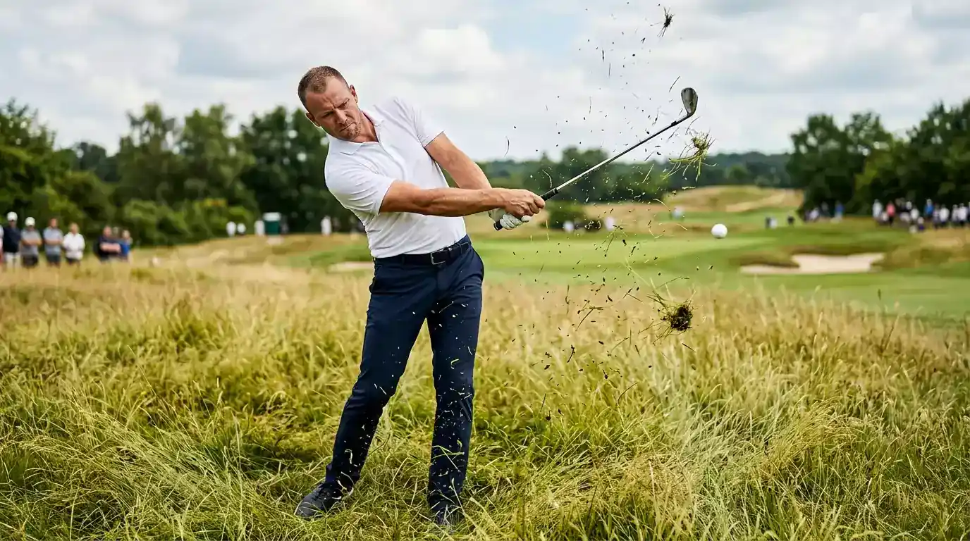 Profi-Golfer beim Recovery-Schlag aus tiefem Rough