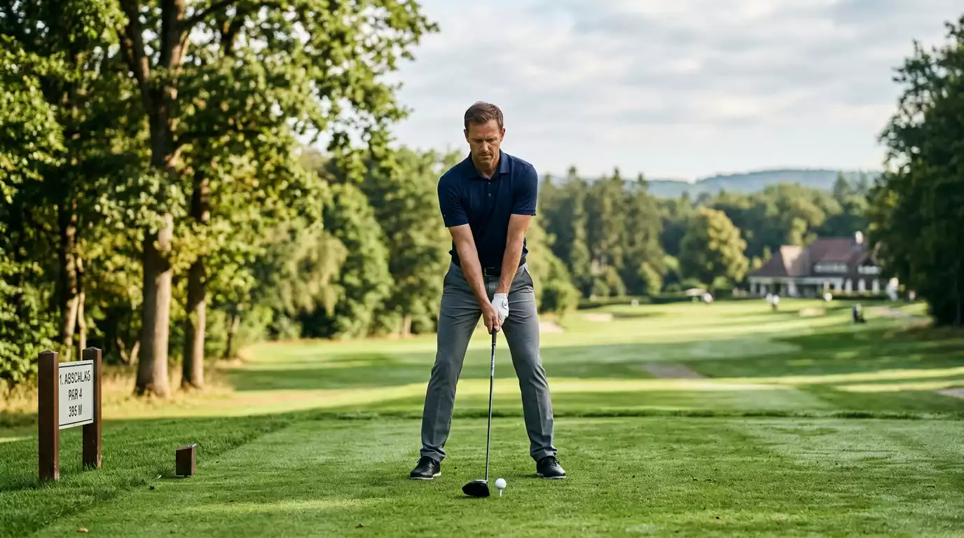 Profi-Golfspieler steht bereit am ersten Abschlag mit Driver