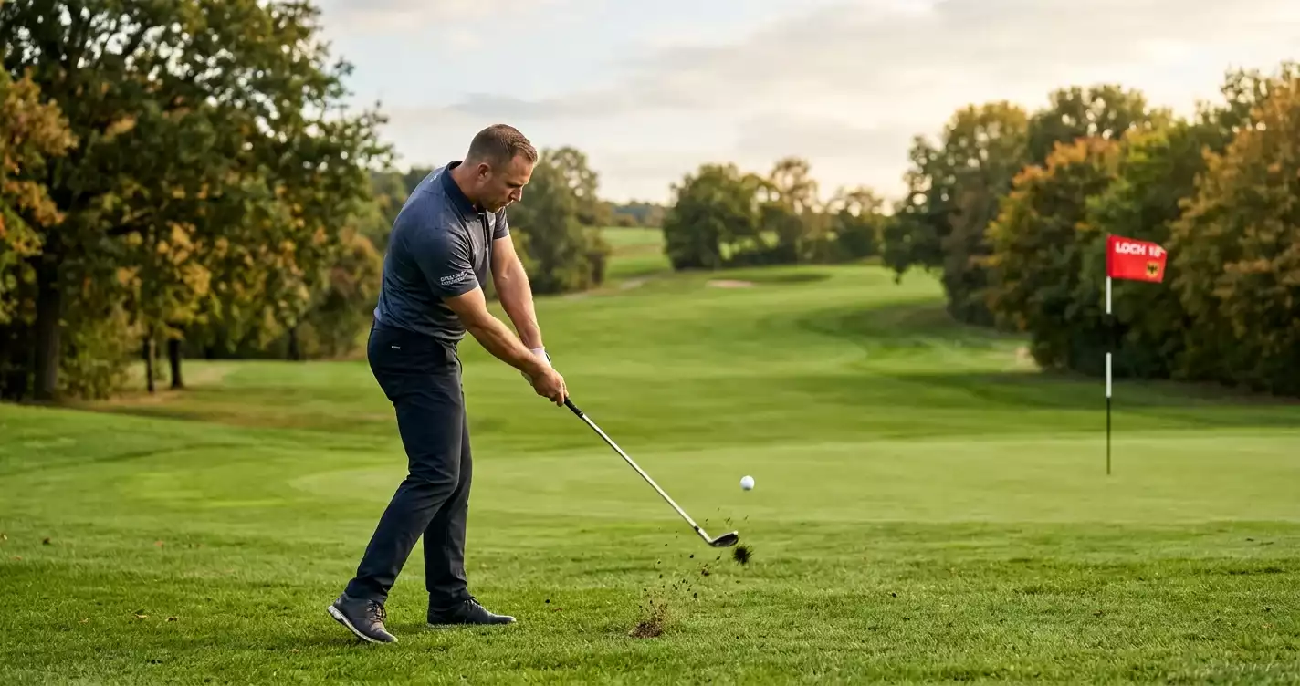 Profi-Golfspieler beim Approach-Schlag auf das Grün