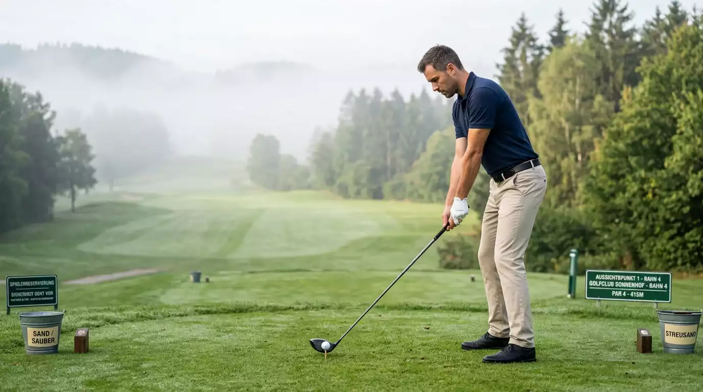 Konzentrierter Golfspieler auf der Tee-Box vor dem Schlag