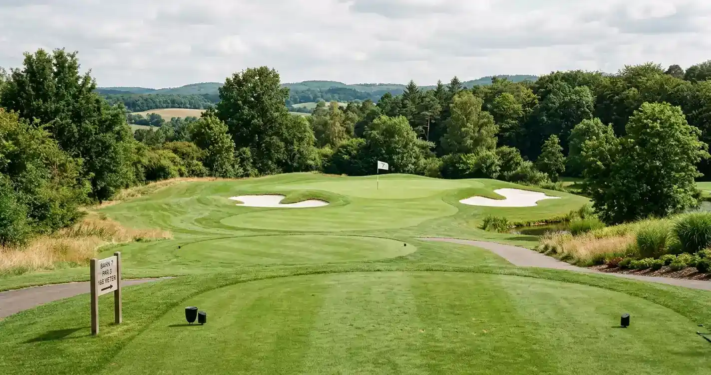Par-3-Loch mit Flagge und ruhiger Greenfläche