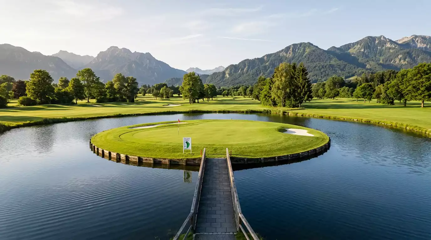 Insel-Grün eines Par-3 mit umlaufendem Wasser