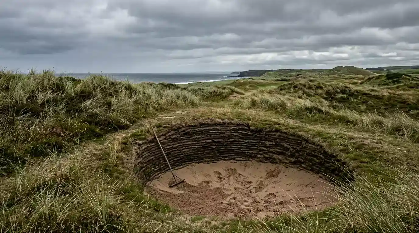Tiefer Pot-Bunker auf britischem Links-Course an der Küste