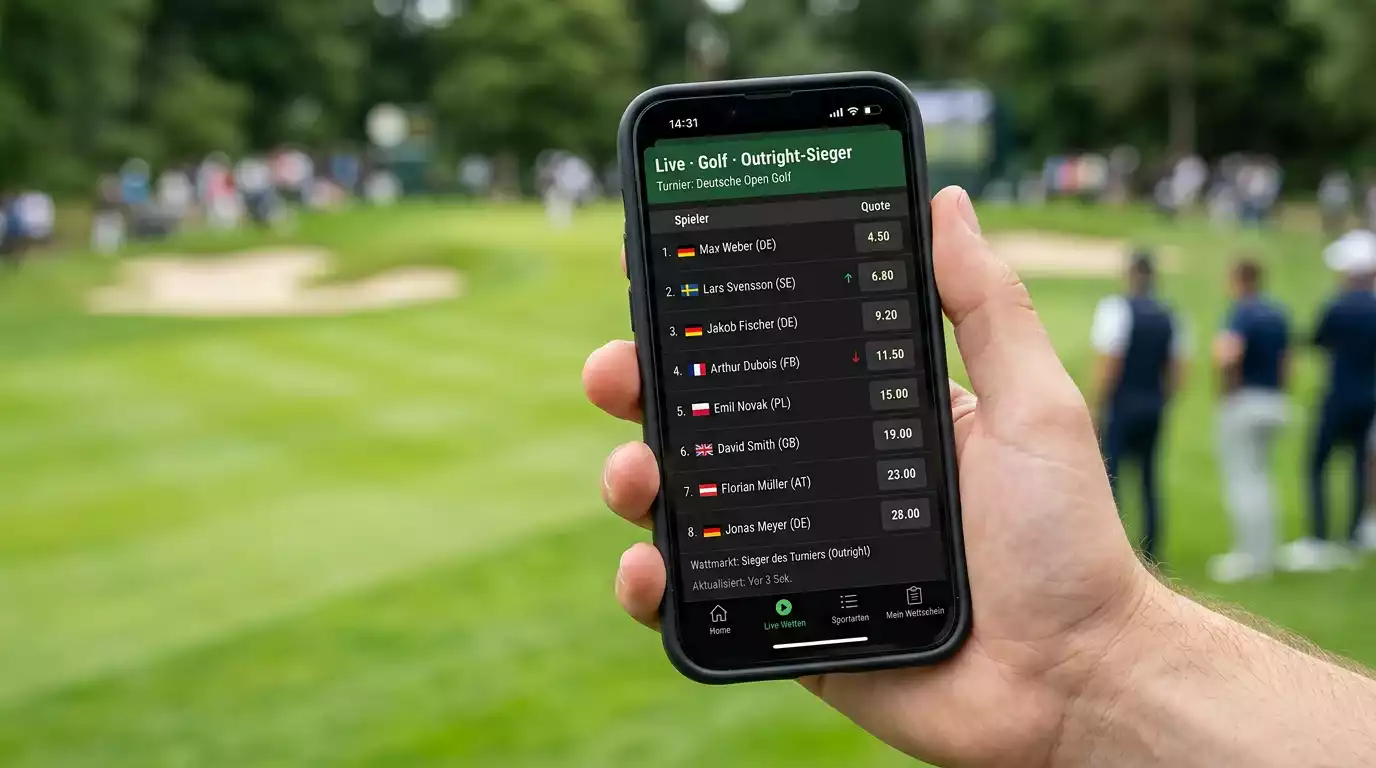 Smartphone mit Live-Wetten-Übersicht zu einem Golfturnier