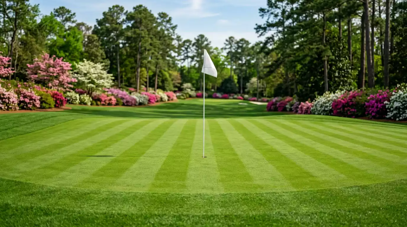 Gepflegtes Grün eines Major-Golfplatzes mit Fahnenstange im Frühlingslicht