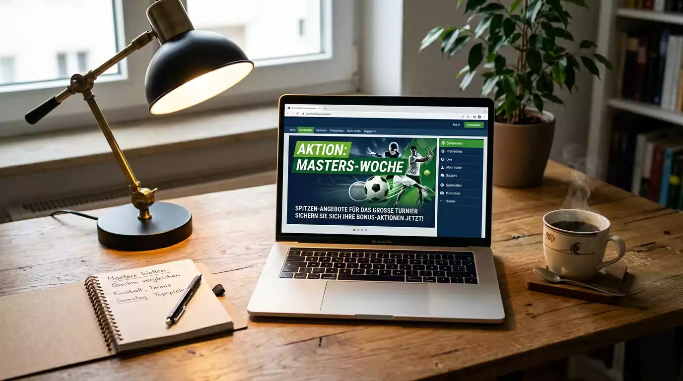 Laptop mit Promo-Übersicht eines deutschen Sportwetten-Anbieters zur Masters-Woche
