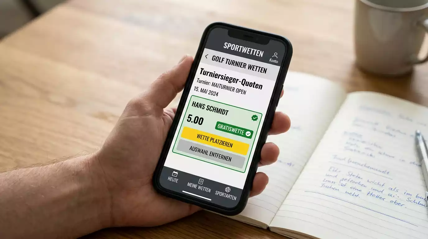 Smartphone mit mobiler Wett-App und Freiwette-Tipp auf Golf-Turniersieger
