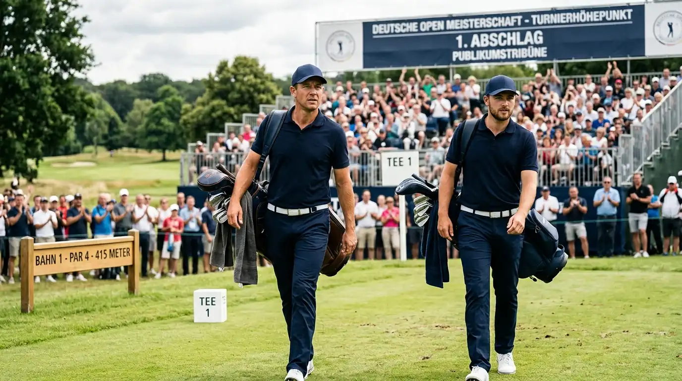 Zwei Spieler einer Foursomes-Paarung am ersten Abschlag