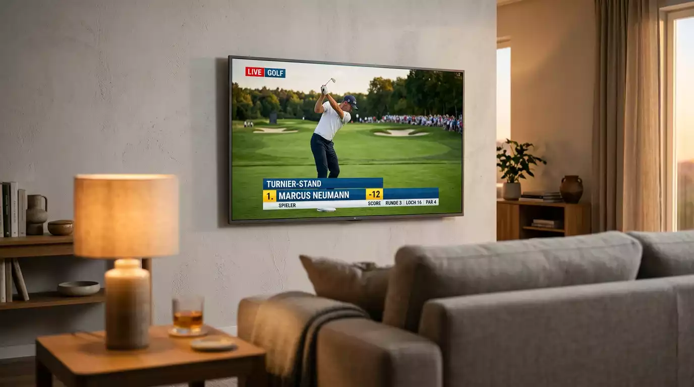 TV-Übertragung eines Golfturniers im Wohnzimmer