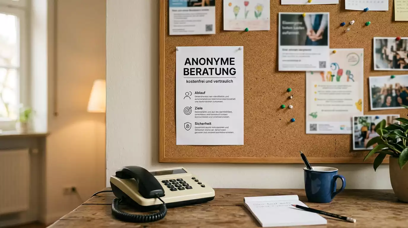 Beratungshotline-Plakat mit Hinweis auf anonyme Hilfe bei Spielproblemen