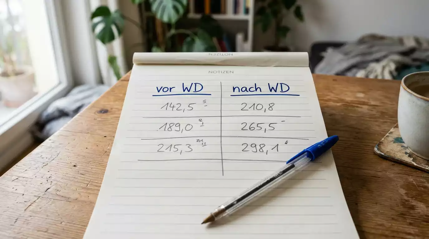 Notizblock mit Tabelle Umsatz-Stand vor und nach einer WD