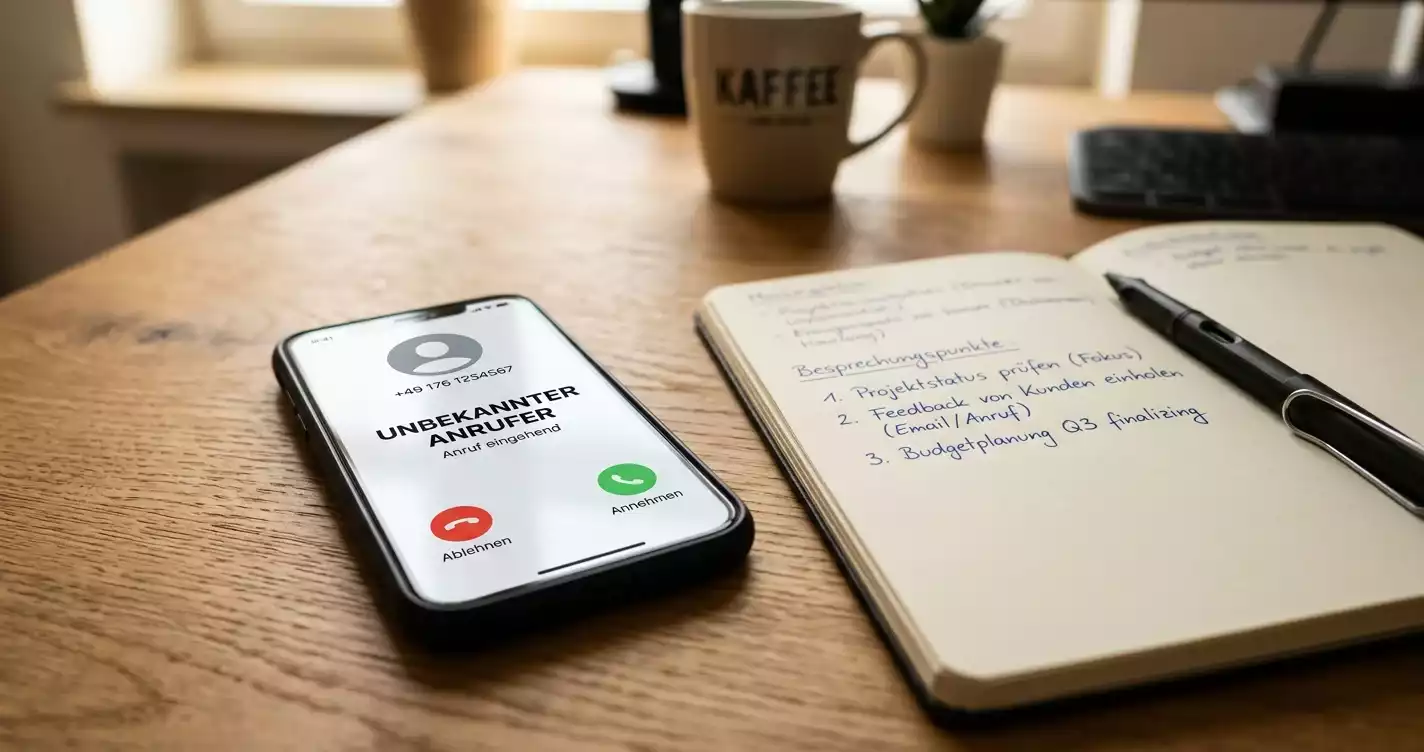 Smartphone mit eingehendem Anruf neben Notizblock auf Schreibtisch
