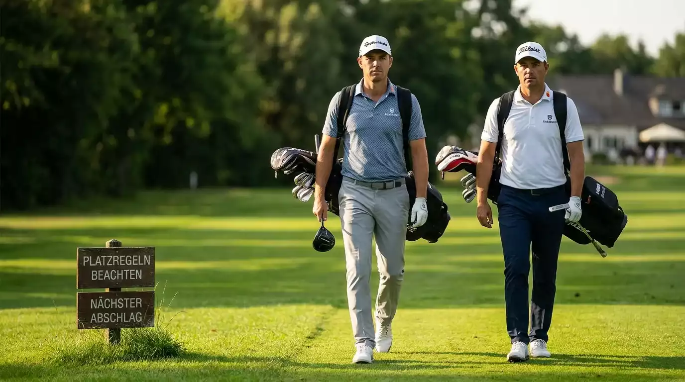 Zwei Profi-Golfer gehen konzentriert über das Fairway